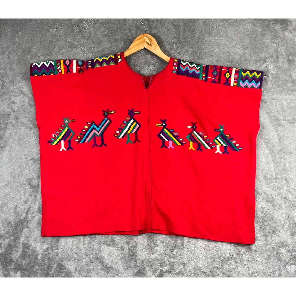 Vintage Guatemalan Huipil Poncho Top Red Hand Made Folk Art Textile Arts